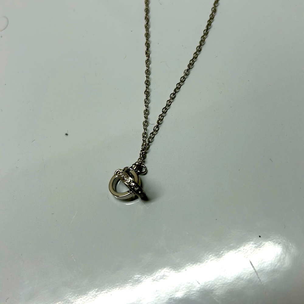 Silver toned double ring necklace with crystals - NWT